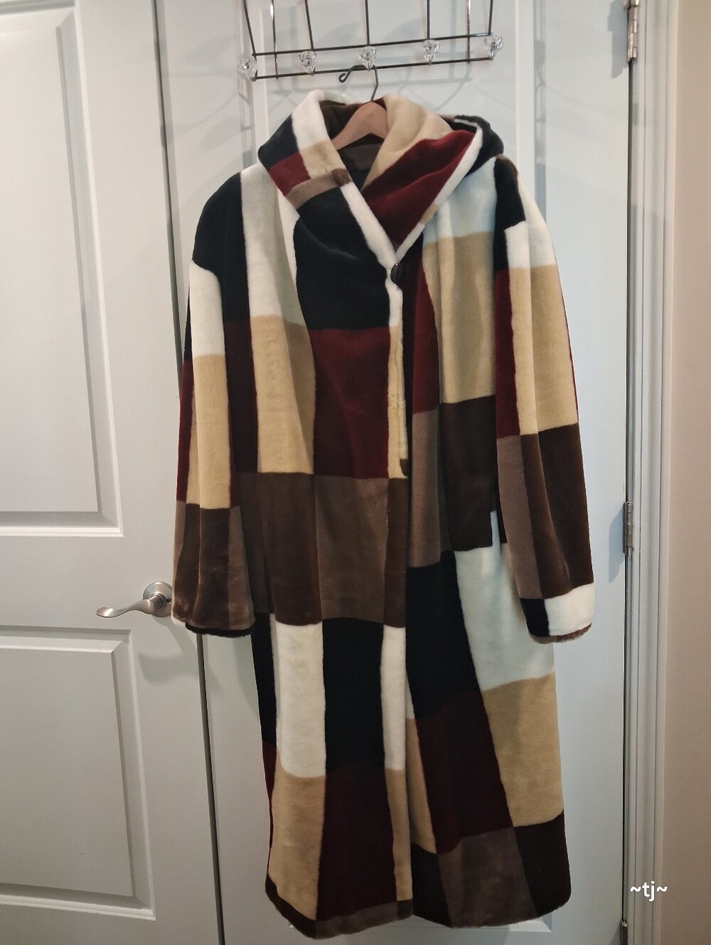 VintageOlympia Activewear Patchwork Teddy Coat in Burgundy, Brown, Black & Cream